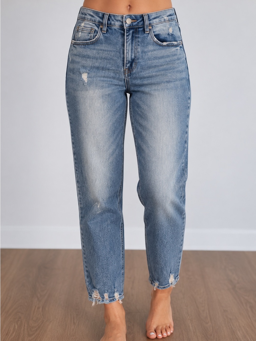 Risen Jeans Distressed High Rise Girlfriend/Boyfriend Straight Leg Med Wash